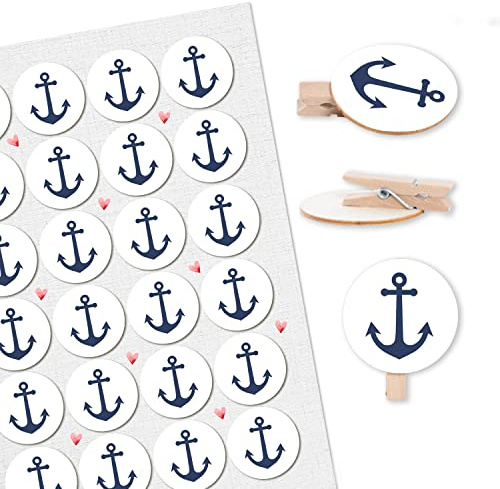 Logbuch-Verlag 24 Anker Dekoklammer blau weiße Holzklammern Geschenk Verzierung Verpackung maritim Klammern für Gastgeschenke Hochzeit 4 cm