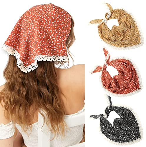 Molans Bandana Pannband Chiffong Scarf Pannband - Hår Bandana Blommigt Hår Sjalett Tryck Hårhalsdukar Sjalett för Kvinnor, Brun/Röd/Svart, 3 st (paket med 1)