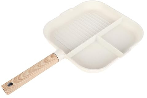 Padella Antiaderente 3 Sezioni Divisa per Colazione con Manico in Legno Componibile per Uova Bacon Hamburger Beige