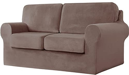 jianyana Ektorp Sofa Covers, Sofa Cover 2 Seater Stretch Velvet Sofa Cover T-shaped Couch Slipcover with Elastic Adjustment Band with Cushions and Backrests Covers (Taupe, 2 Seater-5Pieces)