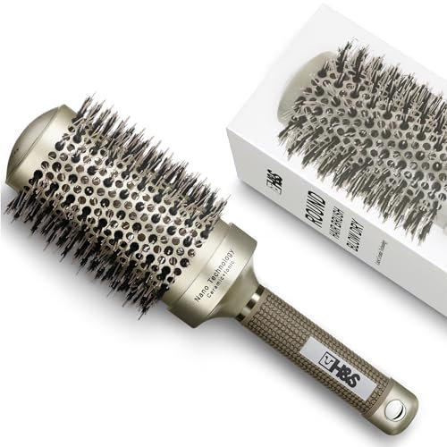 H&S Round Hair Brush - ⌀ 85mm (3.3) - Natural Boar Bristle Hairbrush for Blow Drying and Quiff Styling - Small Circlular Roll Brush for Women and Men - Gold