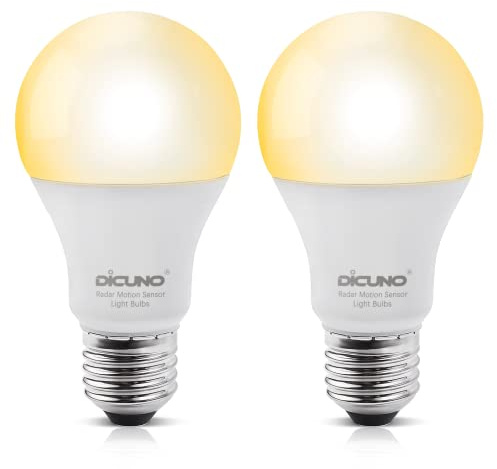 DiCUNO E27 LED Lampe mit Radar-Bewegungsmelder 12W, Warmweiß, 2er Pack | E27 LED Lichtsensor ersetzt 100W, 1100lm, 3000K, 360° Erfassungswinkel, HF-Sensorlampe, Automatisches ein/aus, für Haustür