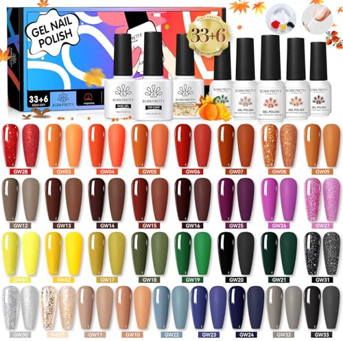 BORN PRETTY UV Nagellack Braun Nude Schwarz Rot Weiß Gellack 39PCS Gel Nägel Nagellack Set Top Coat Base Nagelkleber Matte Glitzer Gelnägel Acryl Nägel Selber Set