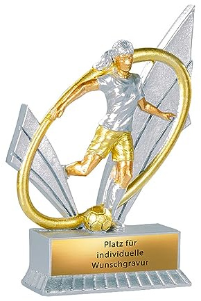 Frauen Fussball Pokal 12 cm - Trophäe Fußballspielerin mit Gravur Award | Damenmannschaft Wanderpokal aus Resin in Silber & Gold, personalisierbar für Turniere & Vereinsfeiern als Geschenk