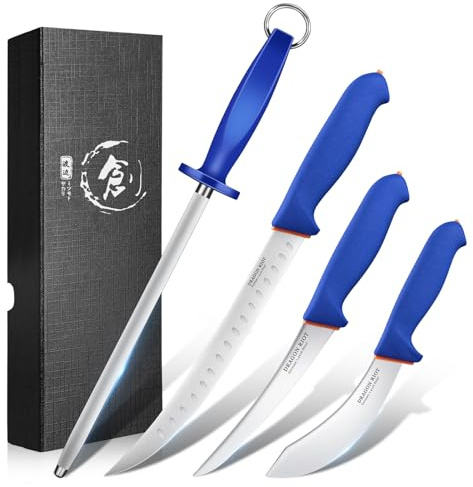 DRAGON RIOT 4 Piece Butcher Knife Set Brisket Trimming Set Include 6 Boning Knife, 6 Skinning Knife, 10 Butcher Breaking Knife and 10 Sharpening Steel