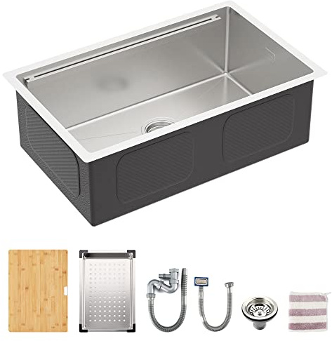 TORVA 30-Zoll-Workstation-Unterbauspüle mit Einzelbecken, 1,25-mm-Edelstahl, NanoTek-Spüle mit Bambus-Schneidebrett und Abtropfschale, 76 x 45 x 23 cm
