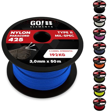 GO!elements Paracord Seil aus reißfestem Nylon - 3mm Paracord 425 Typ II max. 192kg - Schnüre als Outdoor Seil, Allzweckseil, Survival Seil, Armband, Hundeleine, Nylonschnur