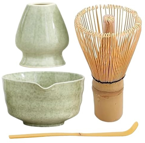 Matcha Set, Matcha besen, Matcha Schneebesen, Matcha Schneebesen Set, Keramik Matcha Kit, inklusive Matcha Schüssel mit Auslauf, Matcha Schneebesen Halter, Bambus Schneebesen und Bambus Schaufel
