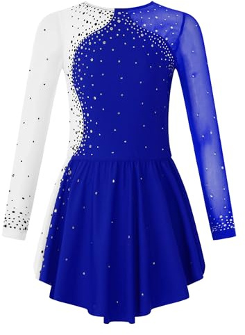 Miaeowve Eiskunstlauf Kleid Mädchen Langarm Rollschuhkleid Kinder Strass Glitzer Ballettkleid Farbblock Patchwork Tanzkleid Rollkunstlauf Standard Kostüm