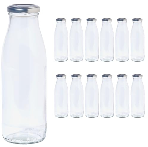 Vitrea 12 leere Glasflaschen 500ml Schraubverschluss Silber - Milchflaschen, Saftflaschen, Flaschen zum Befüllen mit Deckel - für Milch, Saft, Smoothies, Öl - 12 Stück, TO48, Milch