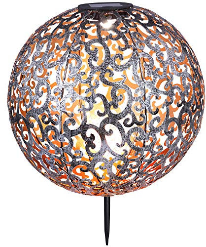 LED Solarlampe Gartendeko Außenlampe Terrassenleuchte silber antik Kugellampe mit Erdspieß, Dekorstanzungen, Metall, warmweiß, DxH 28,5 x 40 cm