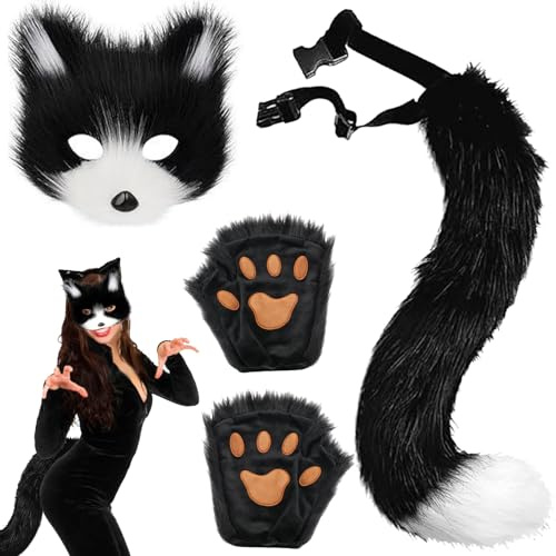 AUNGKWANG 3 Stück Schwarz-Weiße Pelzige Fuchs Maske, Schwanz und Pfoten Handschuhe Set, Cosplay Kostüm Zubehör für Halloween Weihnachten Karneval Party Verkleiden für Erwachsene