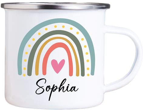 4youDesign Emaille Tasse Kinder personalisiert – Regenbogen Punktherz – Rainbow Namenstasse – Geschenk für Jungen & Mädchen – Bruchsicher & Leicht – Geschenkidee zur Einschulung & Geburtstag - 300ml