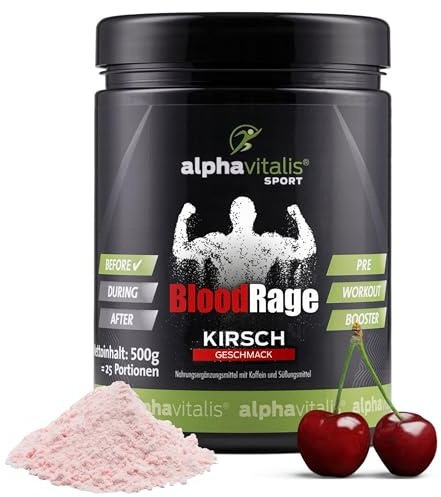 PRE WORKOUT BOOSTER 500g Blood Rage mit Koffein - leckerer Kirsch Geschmack | Max Pump - L-Arginin, L-Citrullin, Creatin Monohydrat, beta Alanin, Taurin, Bitterorangenextrakt, Guarana uvm.