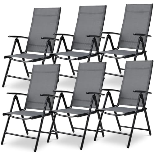 LIFERUN Gartenstühle 6er Set, Gartenstuhl Hochlehner Klappbar, Balkonstuhl | Campingstuhl 7-Fach Verstellbar bis 120kg, Leicht Alu Klappsessel, Gartensessel Outdoor, Komfortabel Wetterfest, Dunkelgrau
