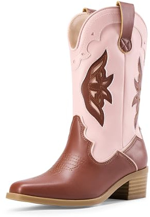 DREAM PAIRS - Stivali da cowgirl per bambini e bambine, da cowboy, western, da equitazione, per bambini piccoli e grandi, rosa marrone, 31 EU