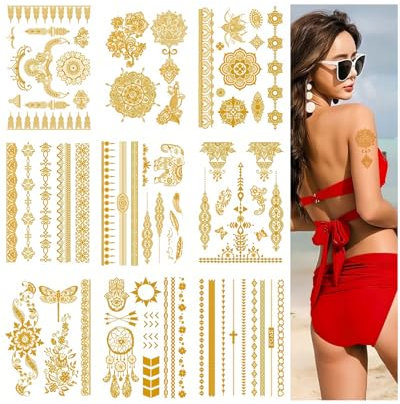 KGDUYC Tatuaggi Temporanei 9 Fogli Tatuaggi Oro Argento, Tatuaggi Temporanei Donna, Tatuaggi Dorati Flash per Corpo Viso Braccio, Tatuaggi Gadget Festa Adulti, Impermeabile Tatuaggi Finti,Regalo