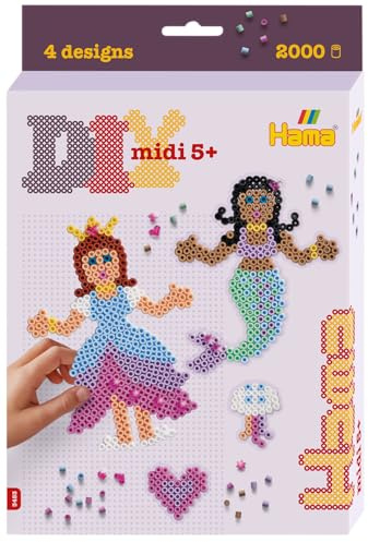 HAMA pärlor 3453 strykpärlor prinsessa och sjöjungfru, liten presentförpackning med ca 2 000 midipärlor, pennplatta, motivmall, strykpapper, för barn från 5 år