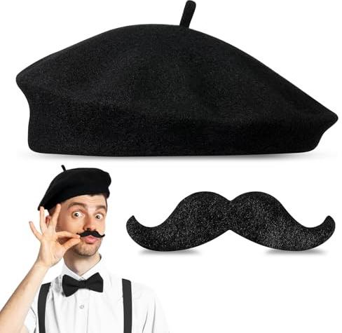 Hestya 2 Stück Herren Französisches Kostüm Enthält Eine Baskenmütze und Einen Falschen Selbstklebenden Schnurrbart Erwachsene Unisex Französisch Herren Styling Zubehör für Karneval Kostüm Haarschmuck