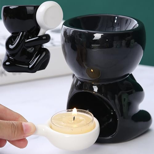 XFLYP Bruciatori di Olio Essenziale in Ceramica con Cucchiaio di Candela, Candela Fornello Aroma Diffusore per Casa Camera da Letto Decorazione Meditazione Yoga Natale Regalo(Nero 1)