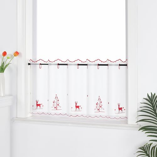 Joyswahl Weihnachtsdeko Scheibengardine Weiß Bistrogardinen durch Lochleiste Transparent Kurzstores mit Weihnachten Muster Weihnachtsgardine Rot HxB 30x90cm 1er Pack