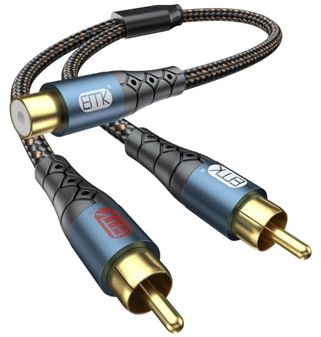 EMK Câble répartiteur 30cm RCA femelle vers 2 mâles Plaqué or 24 carats Adaptateur RCA stéréo Y Câble coaxial vers 2RCA Pour barre de son, TV, haut-parleur, caisson de basses (femelle-2mâles)