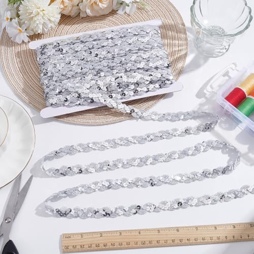 WADORN 25 m Spitzenbesatz Mit Glitzerpailletten 15mm Flacher Glitzer Paillettenstreifen Zum Nähen Basteln Flache Pailletten Geflochtene Spitzenbänder Stoff Für DIY Tanzkleider Stirnbänder Hüte Taschen