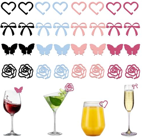 Mulomir Bowknot Herz Blume Schmetterling Wein Glas Charms, Getränk Tags, Acryl Cocktails Getränk Tags für Junggesellenabschied, Geburtstag, Hochzeit, Verkostung, Party Dekor Zubehör