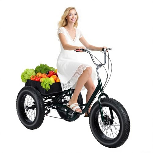 Rodiuiu Fat Tire Adult Tricycles 3 Wheel 7 Speed Trikes, 20 inch Adult Trikes 3 Wheeled Bike with Large Basket,Cruise Bicycle for Shopping, Beach and City Trike Perfect for Men, Women, Seniors