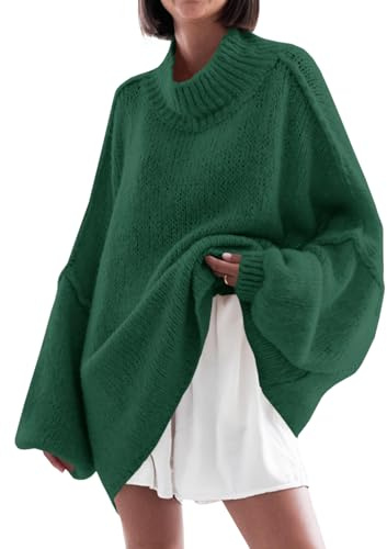 Saodimallsu Damtröja, överdimensionerade fladdermusärmar, stickad tröja, enfärgad, elegant polotröja, vinter, casual, stickad, överdelar, tröja, Grön, M