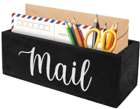 Mail-Organisator,Hölzerne Posthalter mit 2 Schlitzen,28×10×10 cm,Rustikale Briefhalter Box,Bauernhaus Schreibtisch Veranstalter und Lagerung,Schwarz Umschlaghalter für Home Büro Decor (Schwarz Weiß)