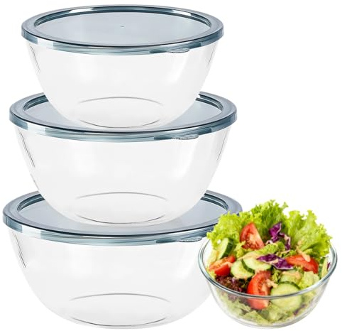 Tutamaz Juego de 3 Cuencos de Vidrio con Tapa Hermética, Cristal Borosilicato 1050 ml+2700 ml+4400 ml Sin BPA Apto para Microondas Lavavajillas Utensilios de Cocina Apilables para Almacenar Mezclar