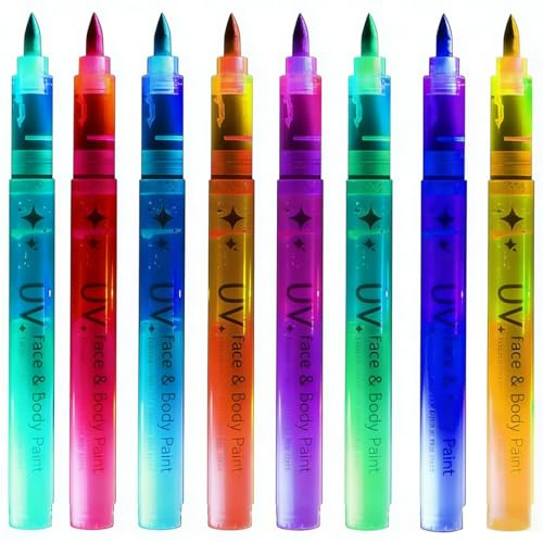 PQUELM 8 Pezzi Trucco Neon Glow in the Dark per Viso e Corpo, Pennarelli Tattoo Fluorescenti, Anallergico e Resistenti all'Acqua, Per Festival e Feste