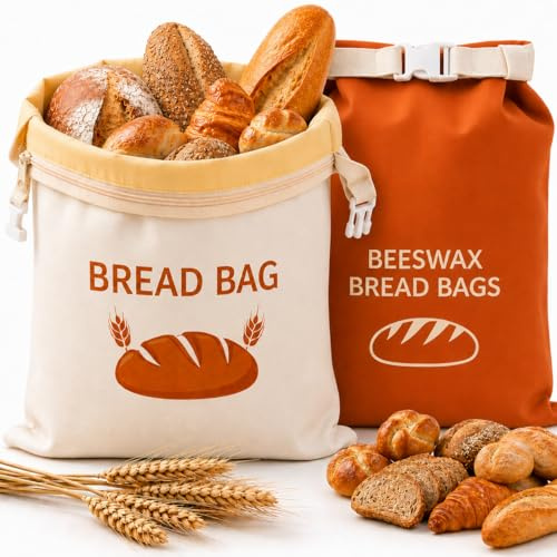 KAIVU Beeswax Bread Bag for Homemade Bread, 2 Pcs (43 x 33 cm) XL Reusable Natural Beeswax-Lined Cotton with Dual Zip & Buckle Closure, Keeps Bread Fresh Longer (Meadow Duo)