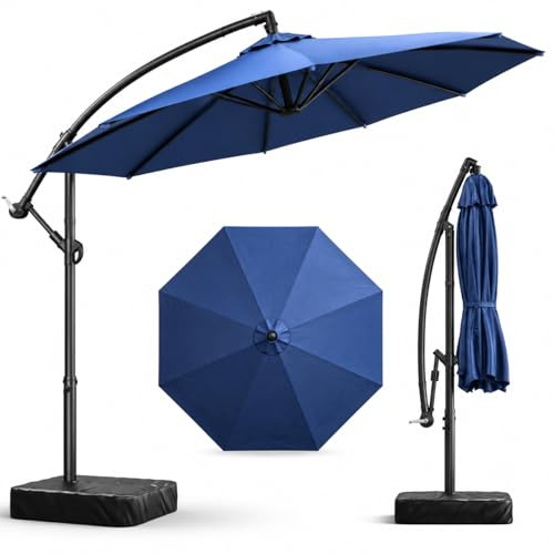 Meulbaty Parasol Déporté 3M avec Pied et Sacs de Lestage, Rotation 360°, Inclinable, Résistant au Vent, Protection UV, Imperméable, Grand Parasol de Jardin pour Terrasse, Balcon et Piscine,Bleu