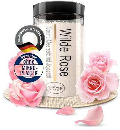 Frankonia BATH & SPA Sauna Salz Peeling Wilde Rose – 400 g Meersalz-Körperpeeling mit Jojobaöl & Vitamin E – Dusch- & Body Scrub für alle Hauttypen – Vegan & ohne Parabene – ohne Microplastik