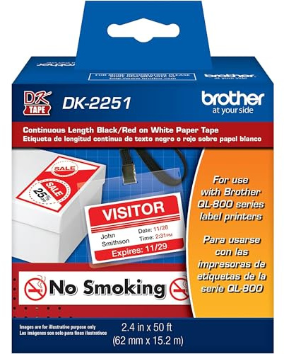 Brother Original DK-2251 Ersatz-Etiketten in durchgehender Länge, schwarz-rotes Etikett auf weißem Papierband, entwickelt mit Excellence, 6,1 cm x 15,2 m, 1 Rolle pro Box
