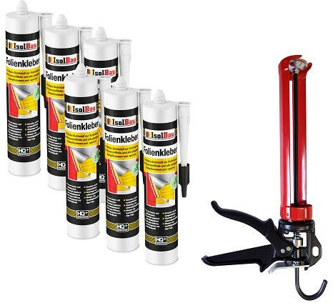 Isolbau Profi Folienkleber Set inkl. HQ Auspresspistole - Bauelastischer 1K Klebe-Dichtstoff zur Verklebung von Kunststofffolie, Dampfbremsen & Dampfsperren - 6 x 450 g