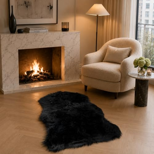 EasyJoy Ultraweiche, flauschige Teppiche, Kunstfell-Teppich, Stuhlbezug, Sitzpolster, flauschiger Bereich, Teppich für Schlafzimmer, Boden, Sofa, Wohnzimmer (6 x 0,9 m, Schaffell, Schwarz)