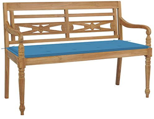 vidaXL Teak Massiv Batavia Gartenbank mit Blauem Kissen Holzbank Sitzbank Parkbank Gartenmöbel Bank Balkonbank Terrassenbank 120cm