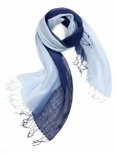 Prettystern Bufanda con flecos en batik 100% lino con efecto tie-dye azul degradado T68 azul vaquero