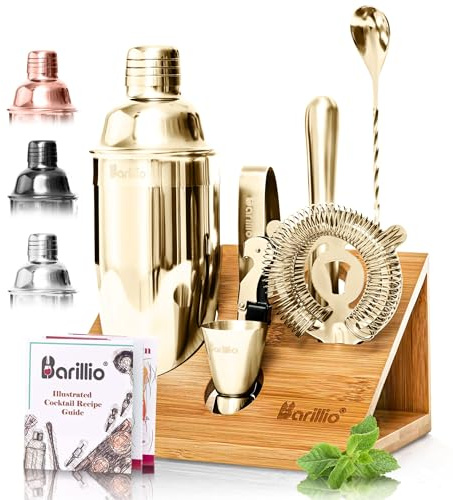 Barillio Gold Bartender Kit - Stainless-Steel Cocktail Shaker Set w/Bamboo Stand - Mixology Bar Tools w/Shaker, Drink Mixer Spoon & Muddler for Cocktails - Home Bar Accessories - 10-Pc Bar Set