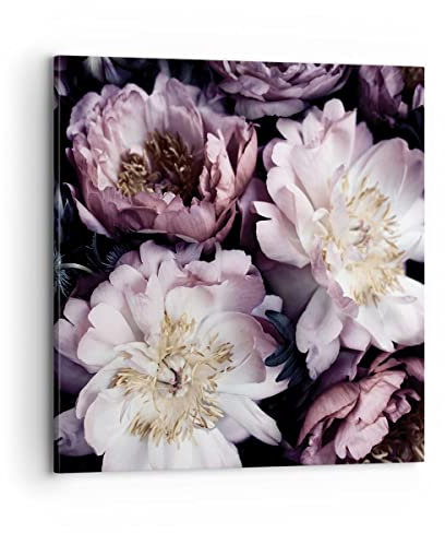 Bilder auf Leinwand 70x70cm Leinwandbild Pfingstrosen Veilchen Blumen Groß Wanddeko Bild Schlafzimmer Küche Deko Wandbilder Dekoration Wohnzimmer Wall Decor Canvas Wand Kunstdruck Art AC70x70-5076