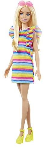 Barbie HPF73 Puppe, Kinderspielzeug und Geschenke, Blonde Puppe mit Zahnspange und Regenbogenkleid, Fashionistas, Kleidung und Accessoires, ab 3 Jahren