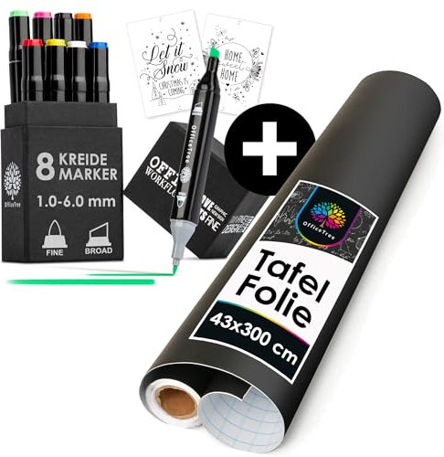 OfficeTree Tafelfolie Selbstklebend Schwarz und 8x Kreidemarker Bunt - Kreidefolie Selbstklebend - 300 x 43 cm - Tafelfolie Schwarz Matt - Kreidestifte für Tafel Abwaschbar