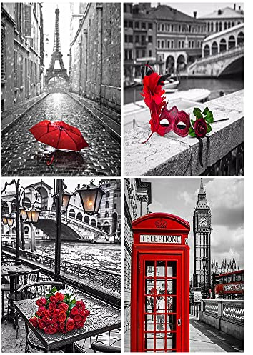 DCIDBEI 4 x Diamond Painting Landschaft 30x40 cm - Eiffelturm, London Bus, Venezianische Maske, Kreuzstich Brücke Rialto (Ponte di Rialto)