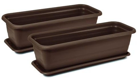 Tymar Blumenkasten mit Untersetzer, 2 Stück, Balkonkasten, Pflanzkasten aus Kunststoff, rechteckiger Blumentopf, Garten, Balkon, Terrasse(Braun, 50x18,7x14,7cm)