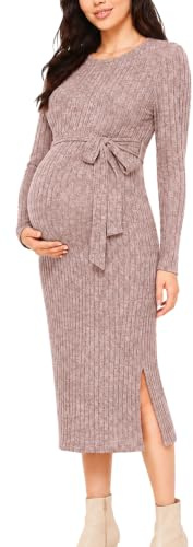 guruixu Crewneck Maternity Sweater Dress Rib Knit Long Sleeve Slit Pregnancy Dress Clothes with Belt