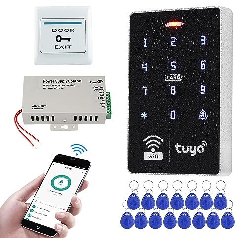 FUSYTULY WiFi Tuya Tastiera Impermeabile di Tocco RFID 125KHz 13.56MHz del Sistema di Controllo di Accesso Senza Fili + Alimentatore DC12V3A + 15pcs Portachiavi, Senza Serratura Elettriche