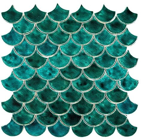 Cerames decorativo azulejos de cerámica Escamas De Pescado Cala Esmeralda - Azulejo De mosaicos en forma escamas de pez Azul para cocina y baño de la serie Agua paquete de 49 azulejos 10,2 x 9 cm
